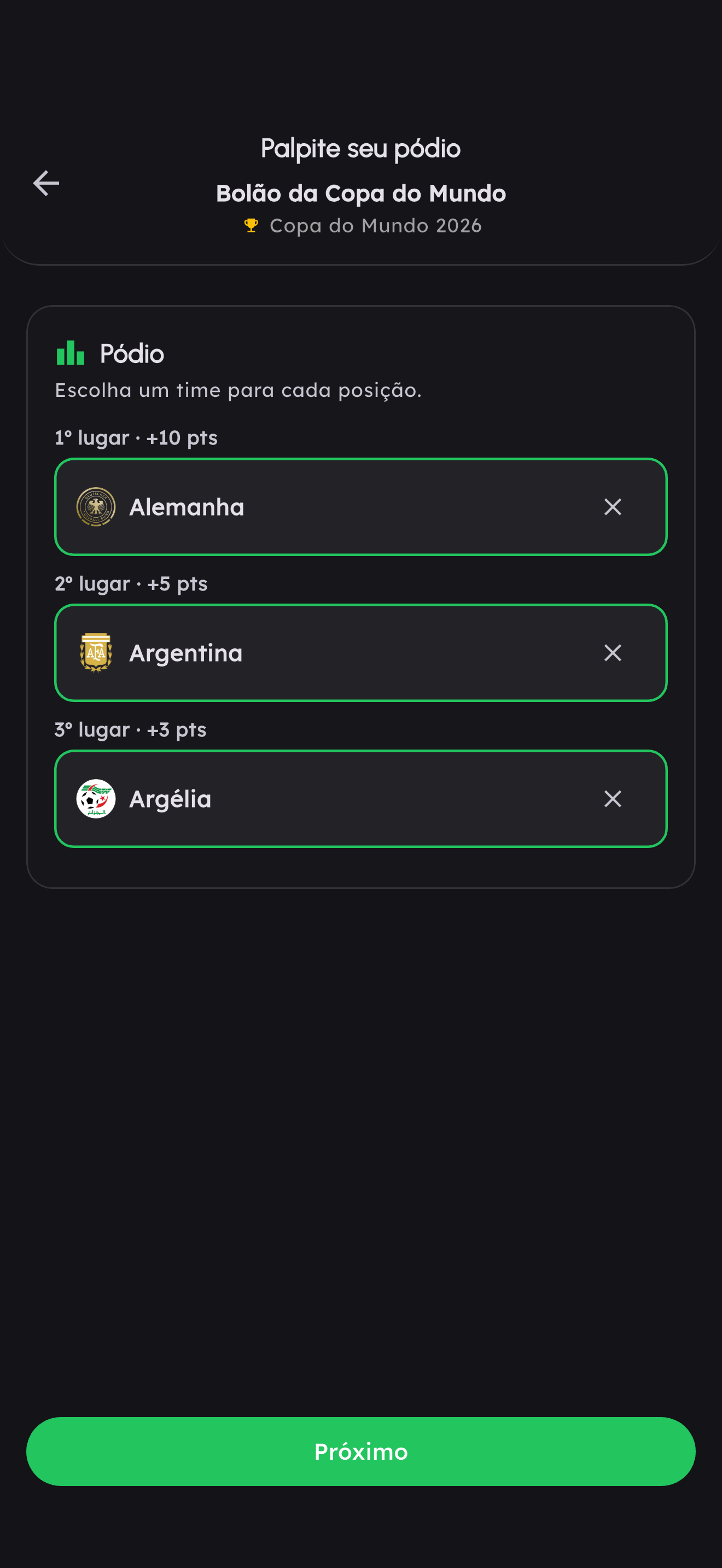 Tela de palpite do pódio no ResenhApp